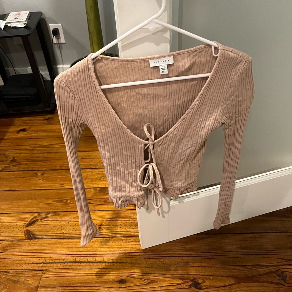 TOPSHOP Pink Long Sleeve Top with 3 Front Ties